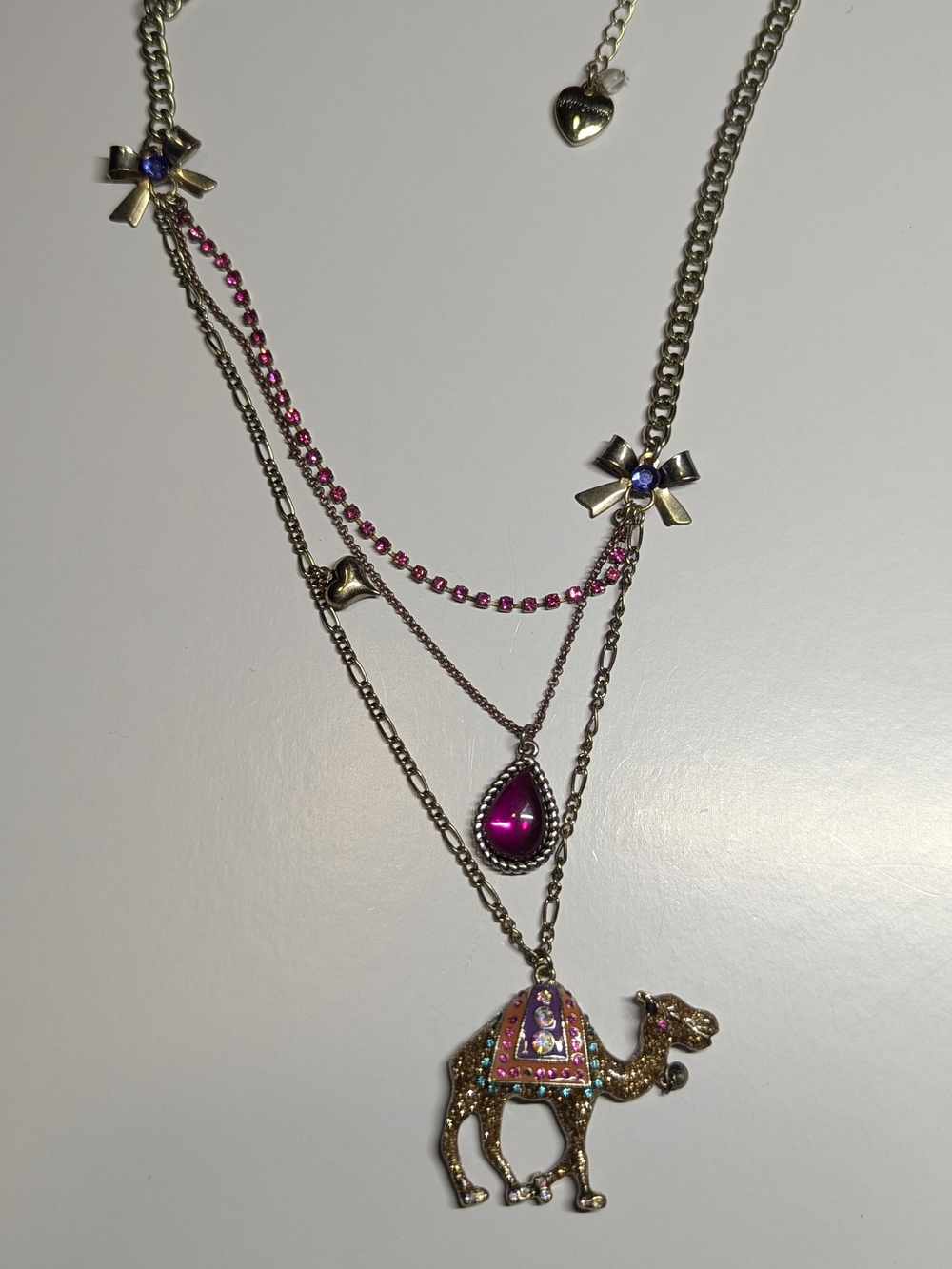 Betsey Johnson Gold-Tone Layered Necklace with Pink Teardrop & Enamel Camel
